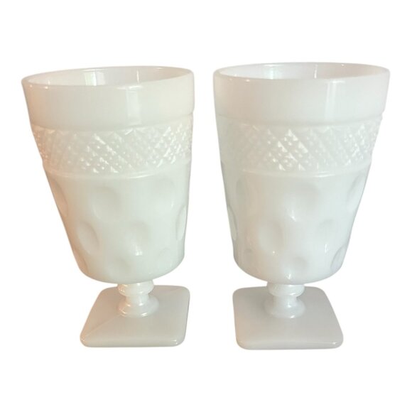 Vtg Milk Glass Goblets Set Of 2 With Diamond & Thumbprint Pattern Pedestal 5.5" - Picture 3 of 6